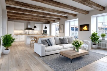 Obraz premium Modern rustic open plan living room kitchen interior