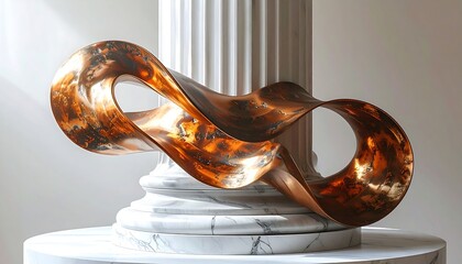 Abstract bronze M?bius strip sculpture on marble base with fluted column in soft, diffused light