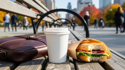 Coffee and sandwich on park bench in vibrant autumn cityscape