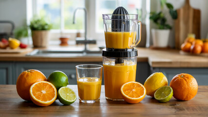 Fresh Citrus Juice with Juicer and Sliced Fruits