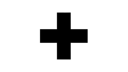 A bold black plus sign symbol centered on a plain white background, representing addition or a positive concept.