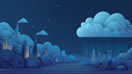 Fototapeta premium Stylized Cityscape with Wavy Clouds and Night Sky stars Photo