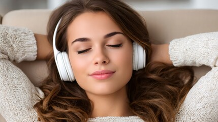 Young woman relaxing with headphones on couch