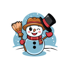 Playful Winking Snowman with Broom and Top Hat – Cute Winter Christmas Illustration