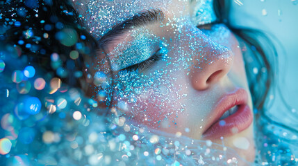 Close-up of a young woman with shimmering blue glitter and iridescent feathers around her face in a serene artistic setting
