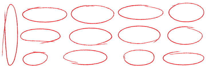 Hand drawn red crayon ovals and circles set. Ellipses in red pencil doodle style. Round freehand shapes, emphasis highlights. Red round rough thin frames. Vector elements for hand drawn diagrams.Eps10