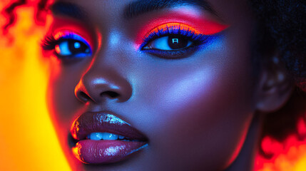 Vibrant makeup artistry showcases vivid colors and glowing skin in a striking portrait during a creative beauty session
