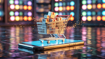 Futuristic Online Shopping Cart on Smartphone