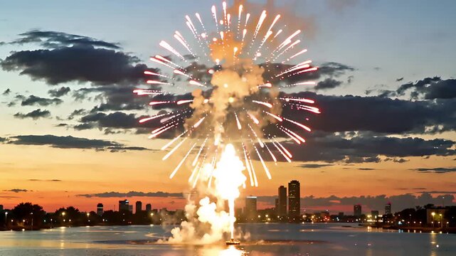 Single vertical firework explodes over water near a city skyline at sunset with dramatic clouds