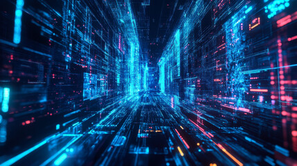Futuristic digital tunnel with vibrant lights and data streams intersecting