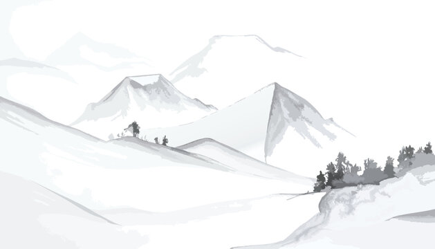 Minimalist mountain landscape with hikers - Powered by Adobe