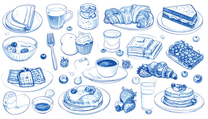 Blue sketched breakfast food waffles, pancakes, croissant