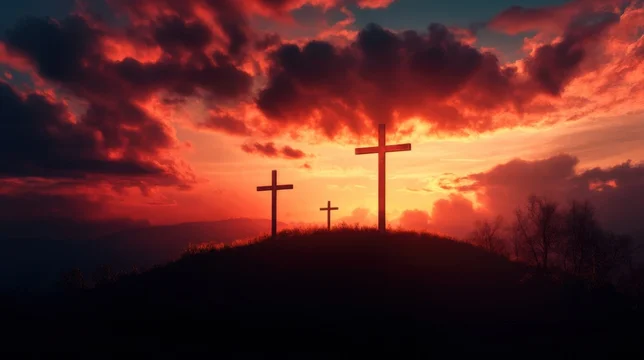 Dark Clouded Red Sky Above Calvary Crosses