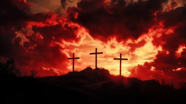 Three Crosses on Calvary Hill Under Red Sky