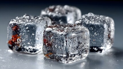 Four clear ice cubes rest on a smooth surface.