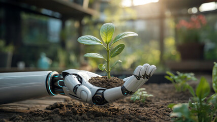 Robot Hand Growing Plant &ndash; Futuristic Eco Technology Concept