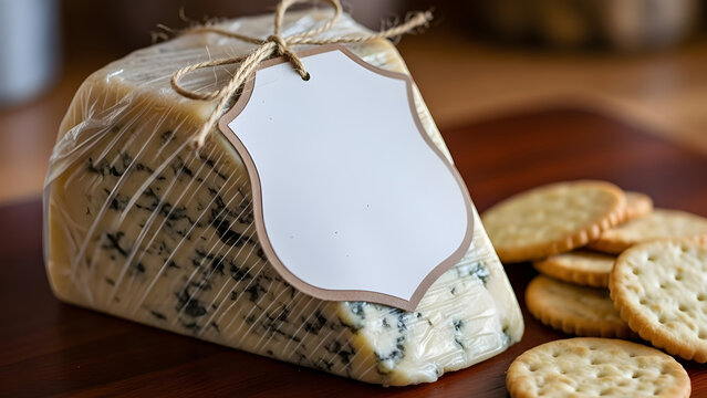 Wedge of Blue Cheese Wrapped with Blank Mockup Label and Crackers - Powered by Adobe