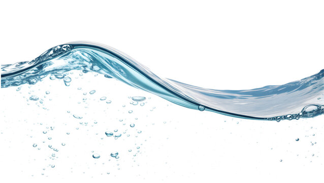 Close-up of a dynamic water wave with bubbles suspended in motion against a white background