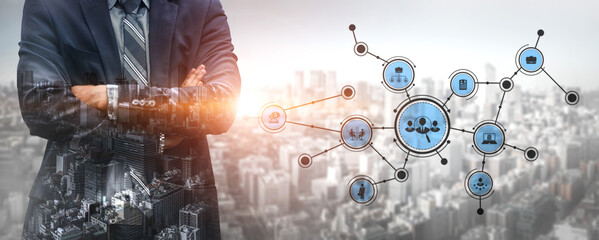 A confident business professional is positioned against a busy city backdrop, illustrating modern technology with digital networking icons that symbolize connectivity and growth. Tessel