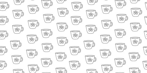 Tea cup. Cup, mug, pattern. Tea utensils, seamless background. Hot drink. Linear, icon, drawings, doodles.