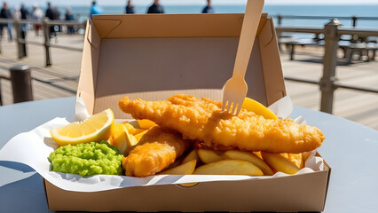 Classic Fish and Chips in Takeaway Box by the Seaside on a Sunny Day