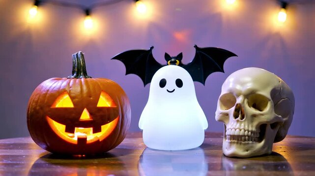 Glowing jack o lantern cute ghost light and human skull decoration illuminated by string lights