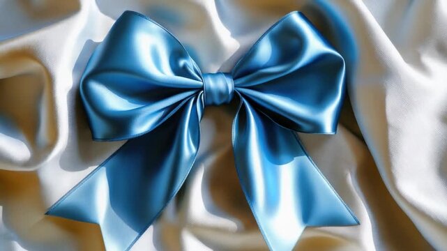 Video A simple yet elegant blue bow sits atop a white cloth, suitable for various decorative and celebratory purposes