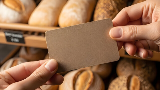Hands Holding Blank Craft Business Card or Price Tag Mockup in Front of Bakery Bread Shelf