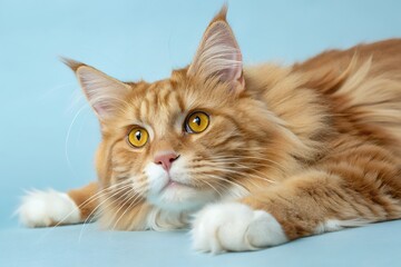 Striking orange maine coon cat with white paws and soulful amber eyes looking up with curious expression while lying down on smooth light blue background