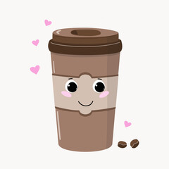 A hot drink in a plastic cup with a lid. Disposable coffee cup. Cartoon sticker with eyes and a face. Heart shape and coffee bean. Flat color illustration. Coffee cup.