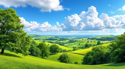 Vibrant green rolling hills and lush trees under a bright blue sky with dramatic white clouds, a beautiful summer landscape panorama