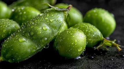 Fresh green pea pods with water droplets on black background. Artificial intelligence image