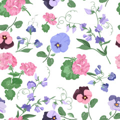A beautiful floral design featuring geraniums, pansies, and sweet peas against a white background. Perfect for adding a touch of elegance to textiles and packaging.