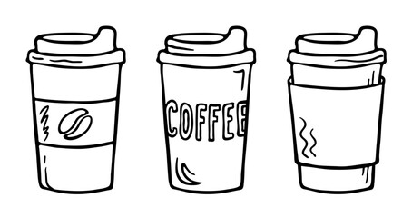 Hand drawn coffee take away, doodle sketch isolated on white. Takeaway glass with lid, picture of coffee bean, text 