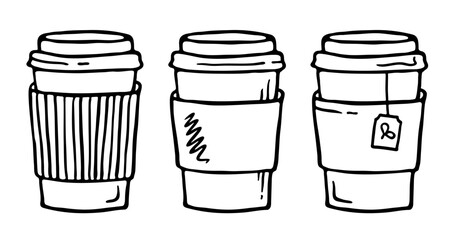 Hand drawn hot drinks take away, doodle sketch isolated on white. Takeaway disposable glass with lid in cardboard cupholder, hot tea to go. Black and white line drawing. Vector clipart illustration.