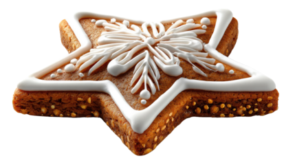 Gingerbread Star: A delectable gingerbread cookie in the shape of a star, adorned with intricate white icing, is presented in a studio shot.