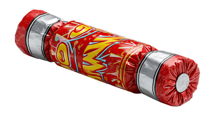 Festive Cracker: A vibrant festive cracker lies isolated, its colorful design and metallic accents suggesting joy, celebration, and the anticipation of surprises within.