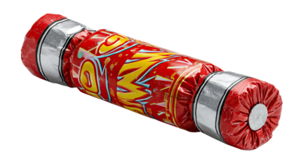 Festive Cracker: A vibrant festive cracker lies isolated, its colorful design and metallic accents suggesting joy, celebration, and the anticipation of surprises within.
