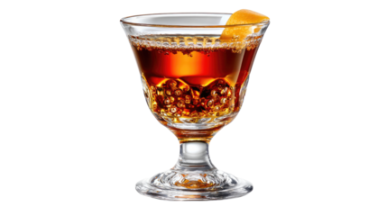 Cocktail with orange peel: A refined cocktail, elegantly presented in a crystal glass, beckons with its inviting amber hues, complemented by a zestful orange peel.