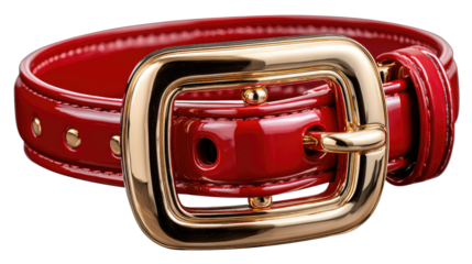 Elegant Red Belt with Golden Buckle: A sleek and stylish red belt, beautifully crafted with a lustrous finish, features a striking golden buckle, exuding sophistication and fashion-forward appeal.
