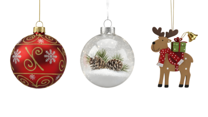 Colorful christmas ornaments, festive baubles, and a charming reindeer decoration on a clean background, ideal for holiday designs.
