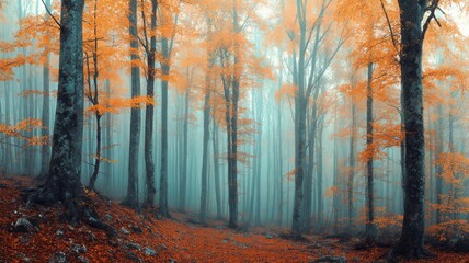 Autumn forest pathway with vibrant foliage. Artificial intelligence image