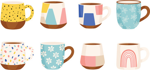 Colorful ceramic mug illustration set with modern patterned coffee and tea cups in cozy handmade style