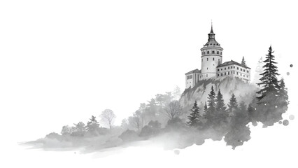 Monochrome illustration of a historic castle perched on a hill surrounded by pine trees and mist in a scenic mountainous landscape © CrownedCanvas