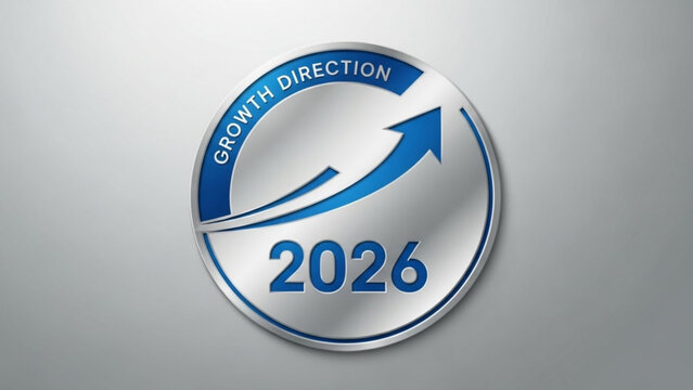 Circular emblem with blue arrow pointing upwards indicating growth direction and the year 2026 on a metallic silver background