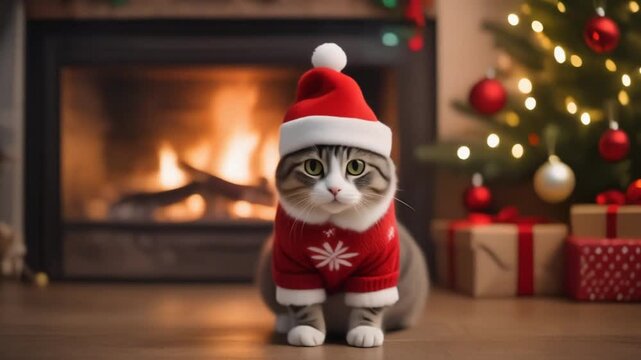 Gato navide&ntilde;o en el sal&oacute;n con chimenea y arbol de navidad