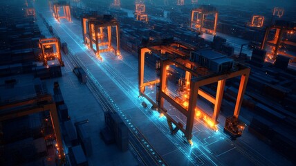 Futuristic port cranes in electric nightscape. Artificial intelligence image