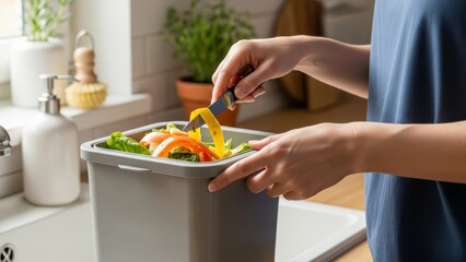 Person composting food scraps in a kitchen, promoting sustainable living and waste reduction.