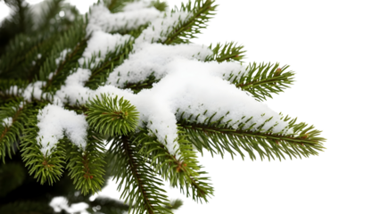 Green fir branch covered with fresh white snow, isolated for winter concept