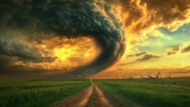 Video A powerful storm approaches a rural area with a tornado cloud rolling in over a dirt road, suitable for use in weather or emergency-related contexts